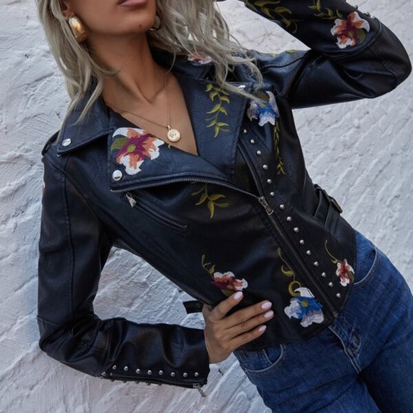 Floral Embroidered faux leather biker  jacket - Picture 7 of 9